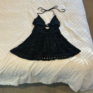 Women's Black Crocheted Halter Neck-tie Closure Mini Dress Cover up, Size Medium